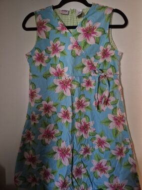 Girls' Blue Floral Faux Wrap Dress with Pink Lilies